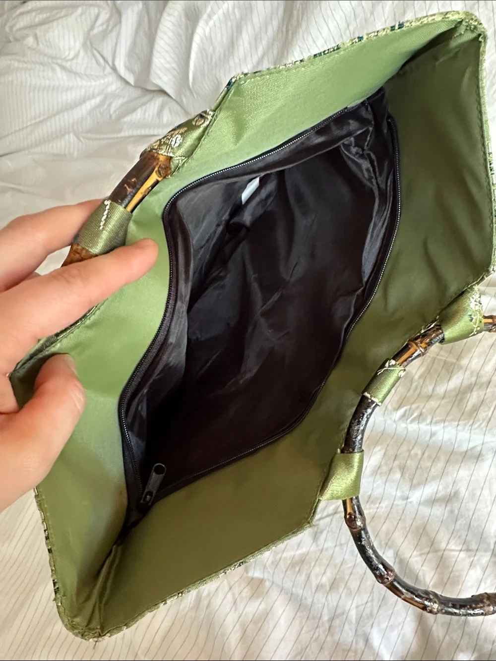 Vintage Green Brocade Floral Satin Tote Bag with Bamboo Handles
